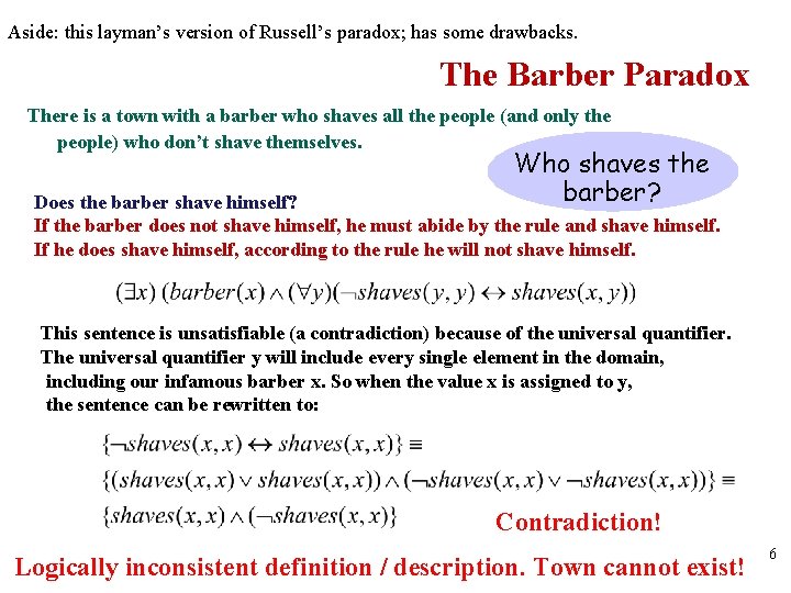 Aside: this layman’s version of Russell’s paradox; has some drawbacks. The Barber Paradox There