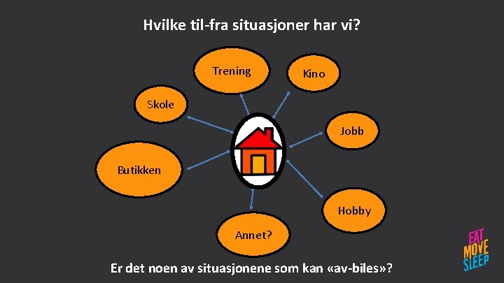 Hvilke til-fra situasjoner har vi? Trening Kino Skole Jobb Butikken Hobby Annet? Er det