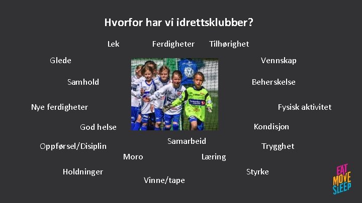 Hvorfor har vi idrettsklubber? Ferdigheter Lek Tilhørighet Glede Vennskap Samhold Beherskelse Fysisk aktivitet Nye