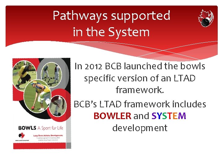 Pathways supported in the System In 2012 BCB launched the bowls specific version of