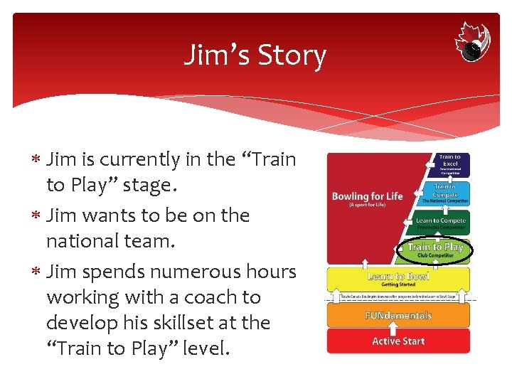 Jim’s Story Jim is currently in the “Train to Play” stage. Jim wants to