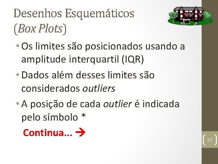 Desenhos Esquemáticos (Box Plots) • Os limites são posicionados usando a amplitude interquartil (IQR)