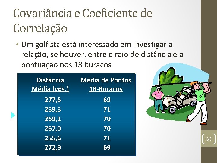 Covariância e Coeficiente de Correlação • Um golfista está interessado em investigar a relação,