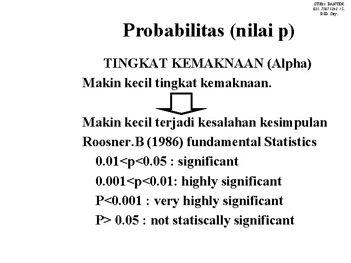 STIKes BANTEN. 021. 7587 1242 / 5. BSD City. Probabilitas (nilai p) TINGKAT KEMAKNAAN