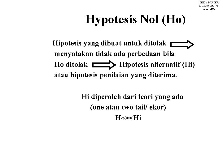 STIKes BANTEN. 021. 7587 1242 / 5. BSD City. Hypotesis Nol (Ho) Hipotesis yang