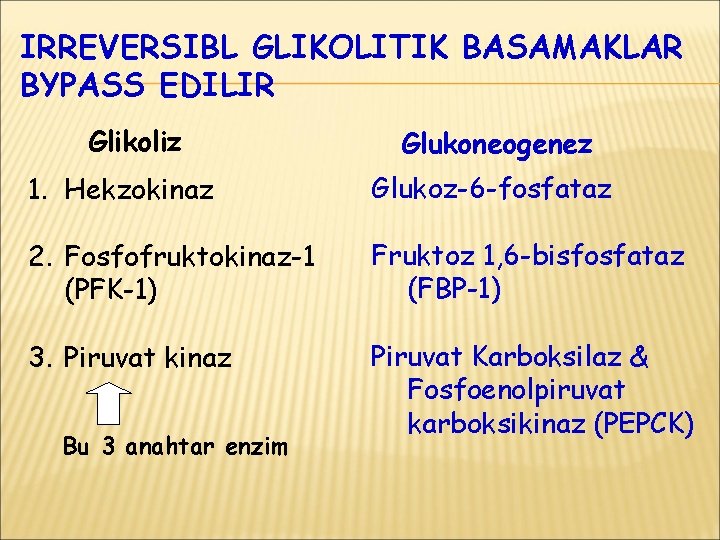 IRREVERSIBL GLIKOLITIK BASAMAKLAR BYPASS EDILIR Glikoliz Glukoneogenez 1. Hekzokinaz Glukoz-6 -fosfataz 2. Fosfofruktokinaz-1 (PFK-1)