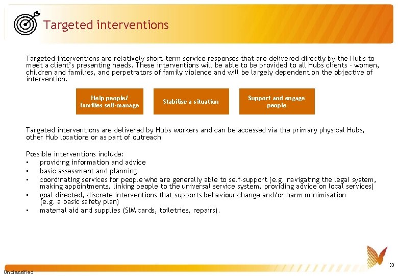 Targeted interventions are relatively short-term service responses that are delivered directly by the Hubs