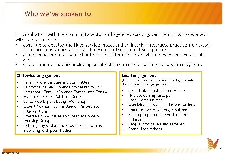 Who we’ve spoken to In consultation with the community sector and agencies across government,
