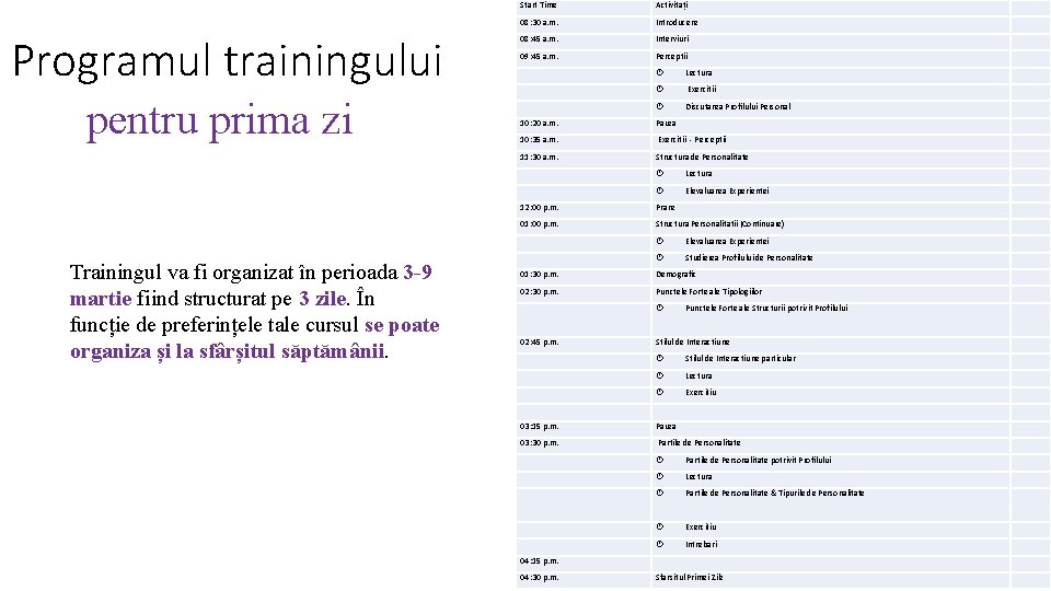 Programul trainingului pentru prima zi Trainingul va fi organizat în perioada 3 -9 martie