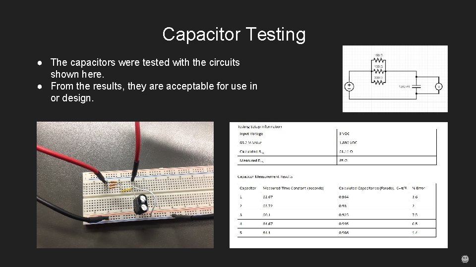 Capacitor Testing ● The capacitors were tested with the circuits shown here. ● From