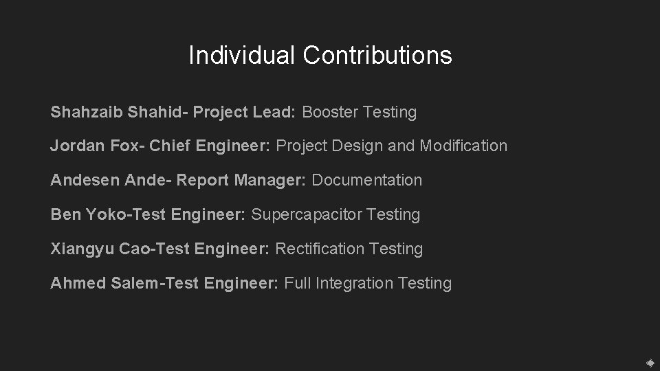 Individual Contributions Shahzaib Shahid- Project Lead: Booster Testing Jordan Fox- Chief Engineer: Project Design