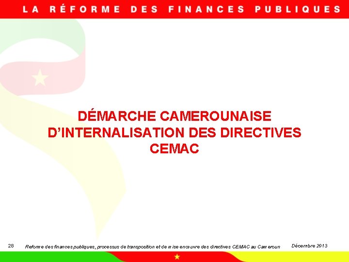 DÉMARCHE CAMEROUNAISE D’INTERNALISATION DES DIRECTIVES CEMAC 28 Reforme des finances publiques, processus de transposition