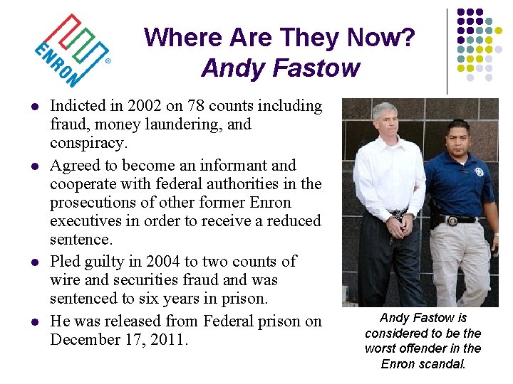 Where Are They Now? Andy Fastow l l Indicted in 2002 on 78 counts