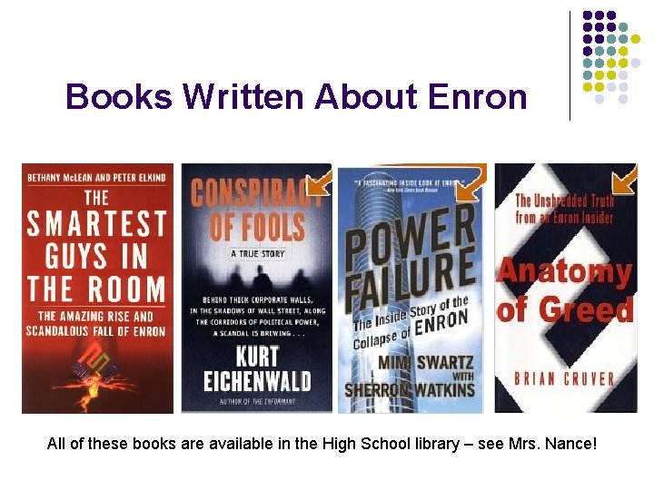 Books Written About Enron All of these books are available in the High School