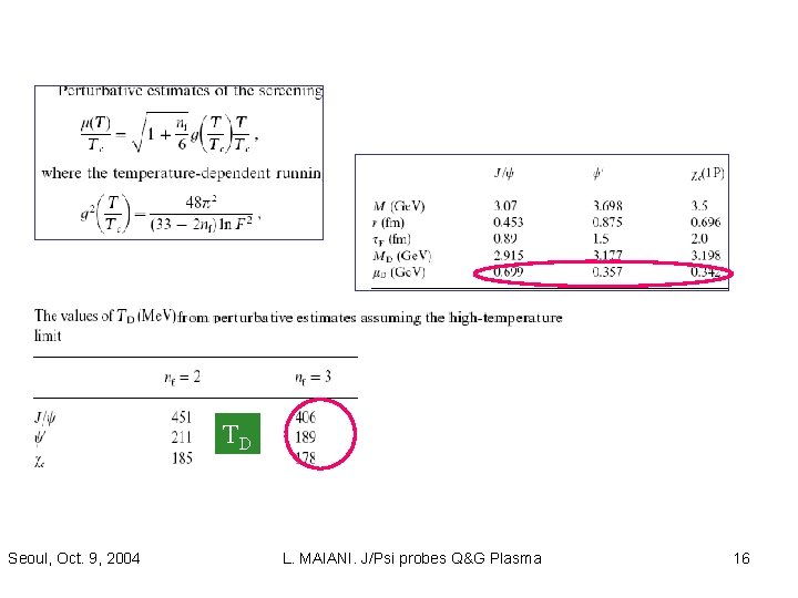 TD Seoul, Oct. 9, 2004 L. MAIANI. J/Psi probes Q&G Plasma 16 