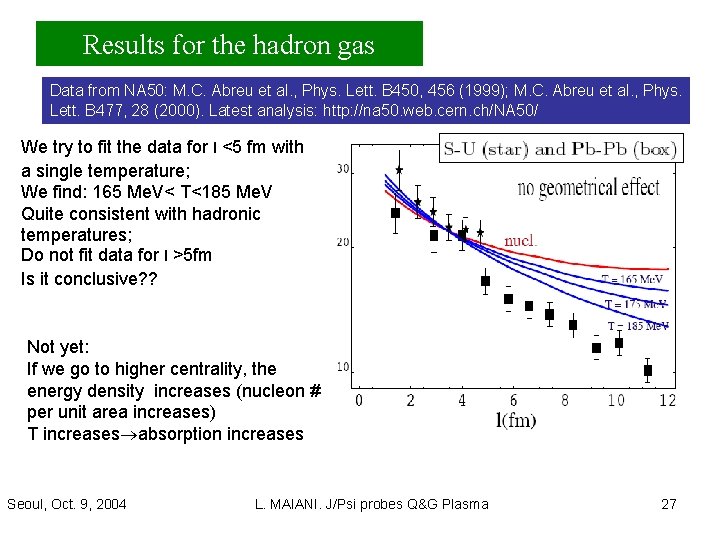 Results for the hadron gas Data from NA 50: M. C. Abreu et al.