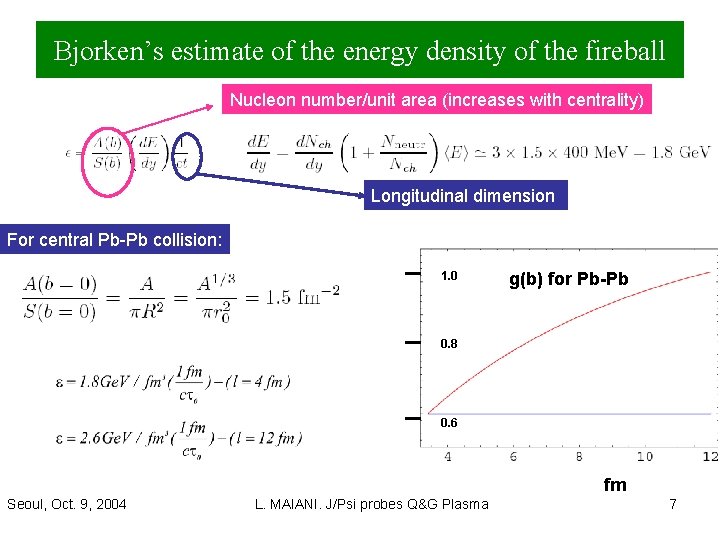 Bjorken’s estimate of the energy density of the fireball Nucleon number/unit area (increases with