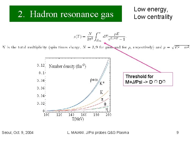 Low energy, Low centrality 2. Hadron resonance gas Threshold for M+J/Psi -> D (*)
