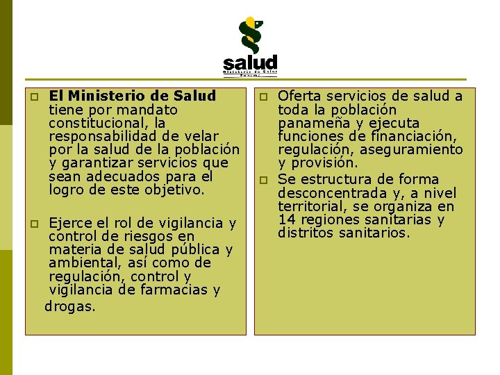 p p El Ministerio de Salud tiene por mandato constitucional, la responsabilidad de velar