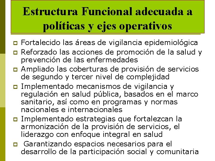 Estructura Funcional adecuada a políticas y ejes operativos p p p Fortalecido las áreas