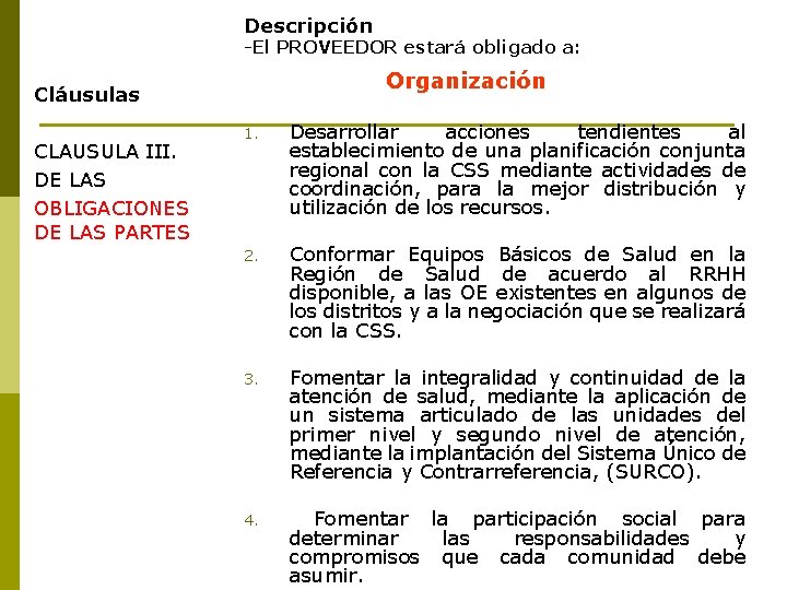 Descripción -El PROVEEDOR estará obligado a: Organización Cláusulas CLAUSULA III. DE LAS OBLIGACIONES DE