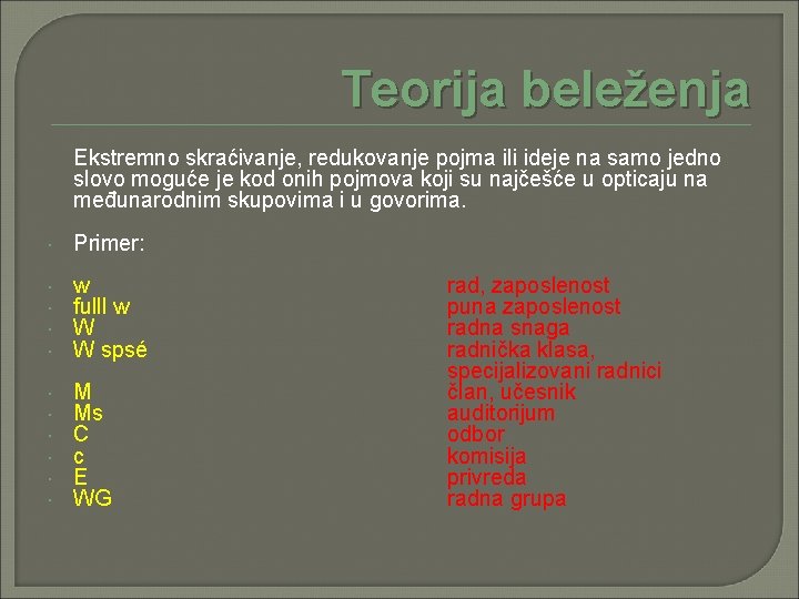 Teorija beleženja Ekstremno skraćivanje, redukovanje pojma ili ideje na samo jedno slovo moguće je