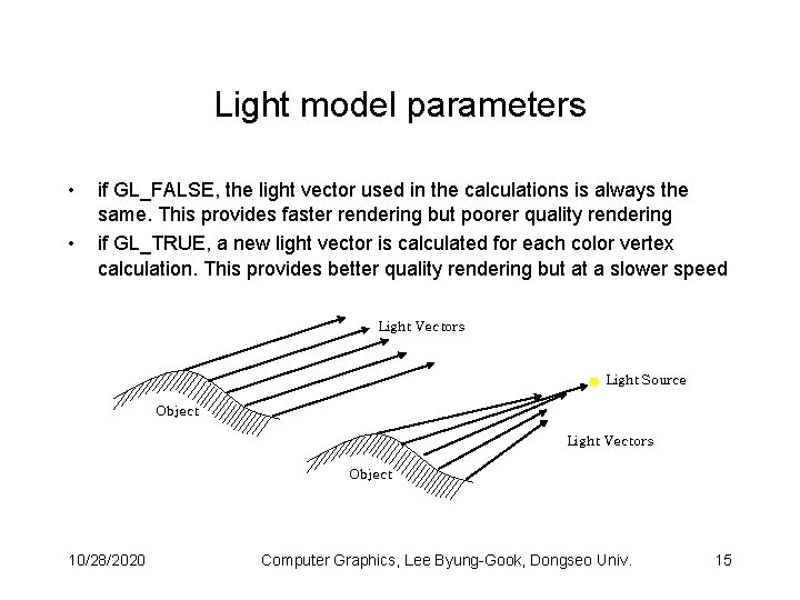 Light model parameters • • if GL_FALSE, the light vector used in the calculations