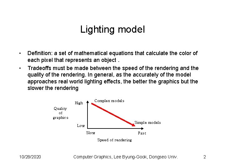 Lighting model • • Definition: a set of mathematical equations that calculate the color