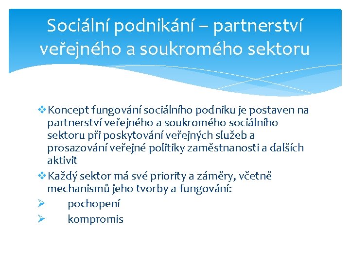 Sociální podnikání – partnerství veřejného a soukromého sektoru v. Koncept fungování sociálního podniku je