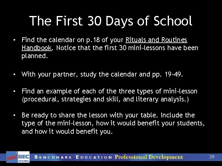 The First 30 Days of School • Find the calendar on p. 18 of