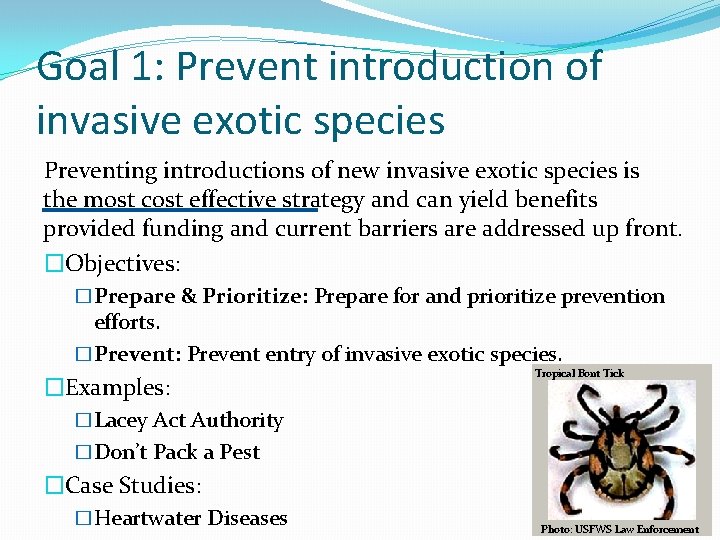 Goal 1: Prevent introduction of invasive exotic species Preventing introductions of new invasive exotic