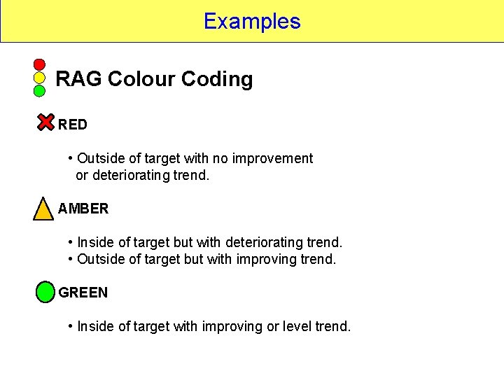 Examples RAG Colour Coding RED • Outside of target with no improvement or deteriorating