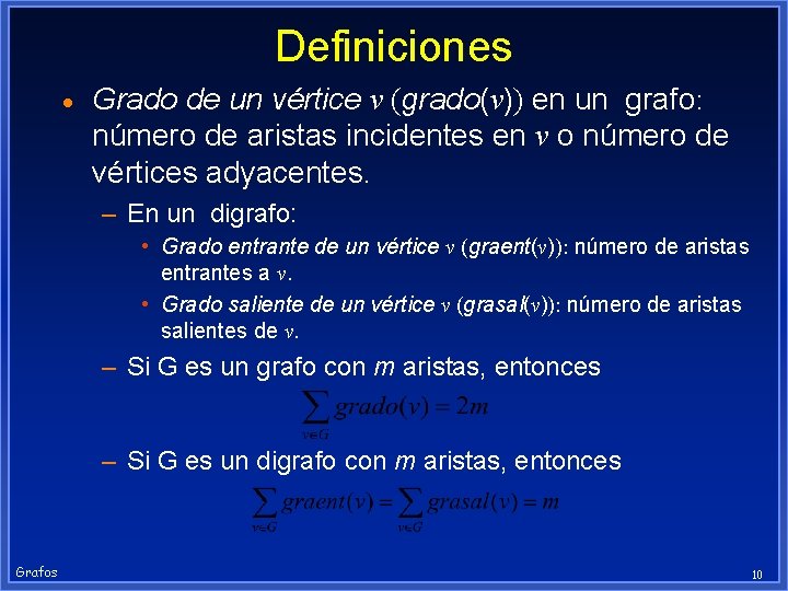 Definiciones · Grado de un vértice v (grado(v)) en un grafo: número de aristas