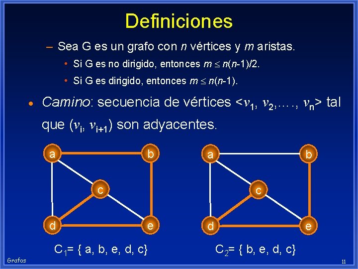 Definiciones – Sea G es un grafo con n vértices y m aristas. •