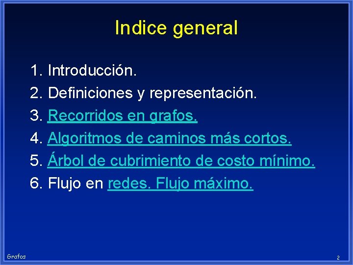 Indice general 1. Introducción. 2. Definiciones y representación. 3. Recorridos en grafos. 4. Algoritmos