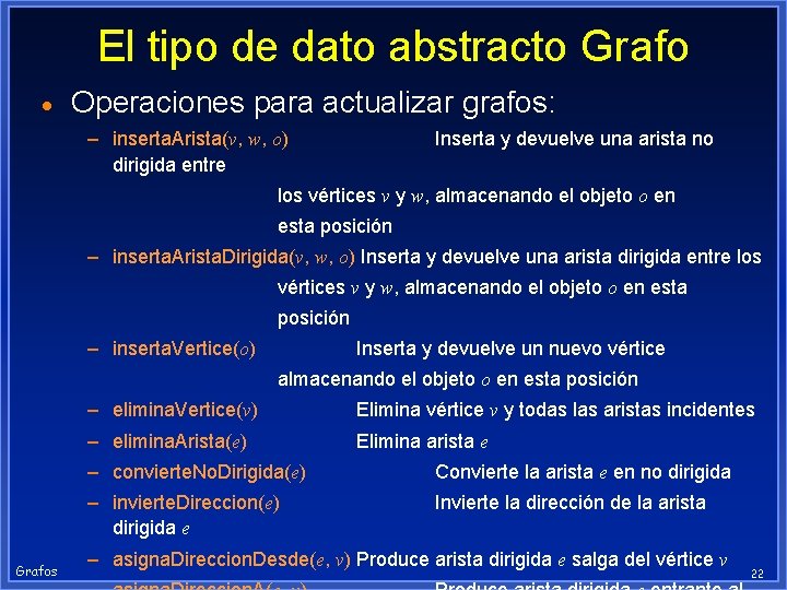 El tipo de dato abstracto Grafo · Operaciones para actualizar grafos: – inserta. Arista(v,