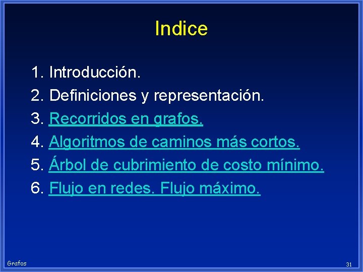 Indice 1. Introducción. 2. Definiciones y representación. 3. Recorridos en grafos. 4. Algoritmos de