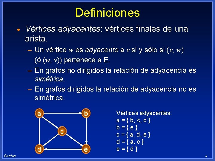 Definiciones · Vértices adyacentes: vértices finales de una arista. – Un vértice w es