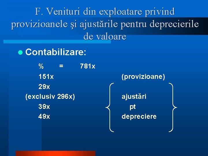 F. Venituri din exploatare privind provizioanele şi ajustările pentru deprecierile de valoare l Contabilizare:
