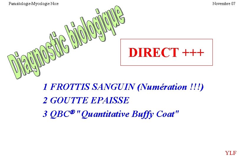 Parasitologie-Mycologie Nice Novembre 07 DIRECT +++ 1 FROTTIS SANGUIN (Numération !!!) 2 GOUTTE EPAISSE