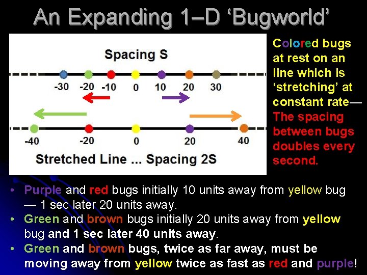 An Expanding 1–D ‘Bugworld’ Colored bugs at rest on an line which is ‘stretching’