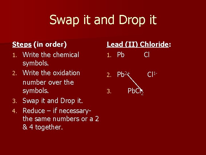 Swap it and Drop it Steps (in order) 1. Write the chemical symbols. 2.