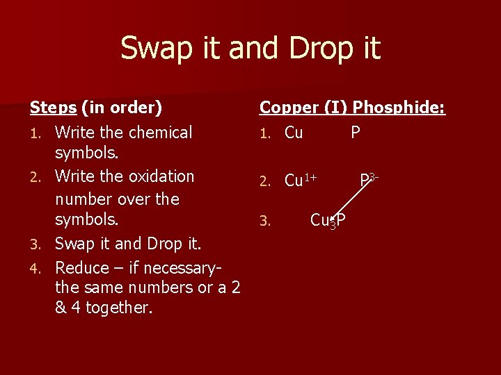 Swap it and Drop it Steps (in order) 1. Write the chemical symbols. 2.