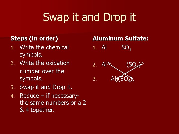 Swap it and Drop it Steps (in order) 1. Write the chemical symbols. 2. Swap it and Drop it Steps (in order) 1. Write the chemical symbols. 2.