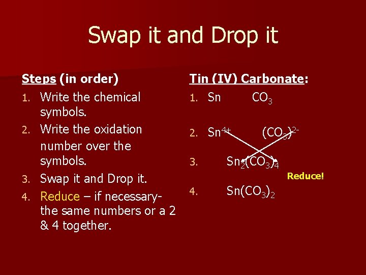 Swap it and Drop it Steps (in order) 1. Write the chemical symbols. 2. Swap it and Drop it Steps (in order) 1. Write the chemical symbols. 2.