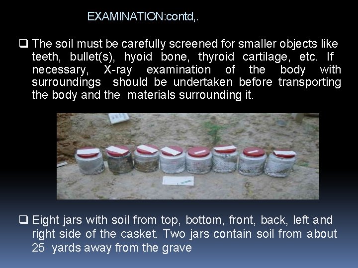 EXAMINATION: contd, . The soil must be carefully screened for smaller objects like teeth,