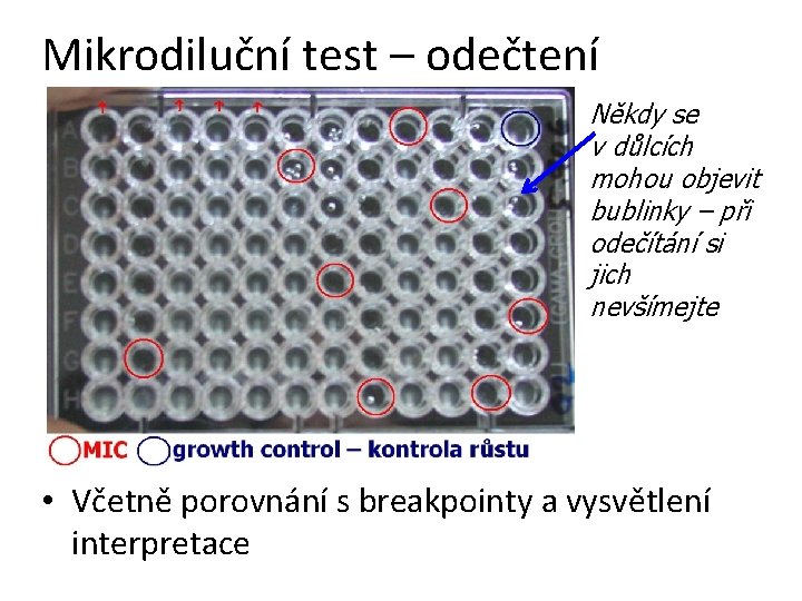 Mikrodiluční test – odečtení Někdy se v důlcích mohou objevit bublinky – při odečítání