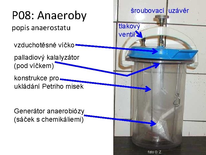 P 08: Anaeroby popis anaerostatu šroubovací uzávěr tlakový ventil vzduchotěsné víčko palladiový kalalyzátor (pod