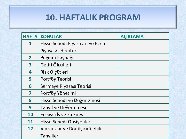 10. HAFTALIK PROGRAM HAFTA KONULAR 1 Hisse Senedi Piyasaları ve Etkin Piyasalar Hipotezi 2