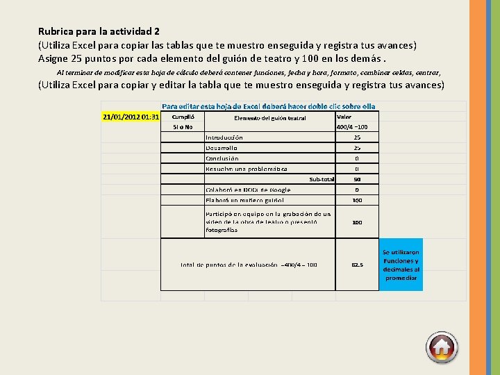 Rubrica para la actividad 2 (Utiliza Excel para copiar las tablas que te muestro